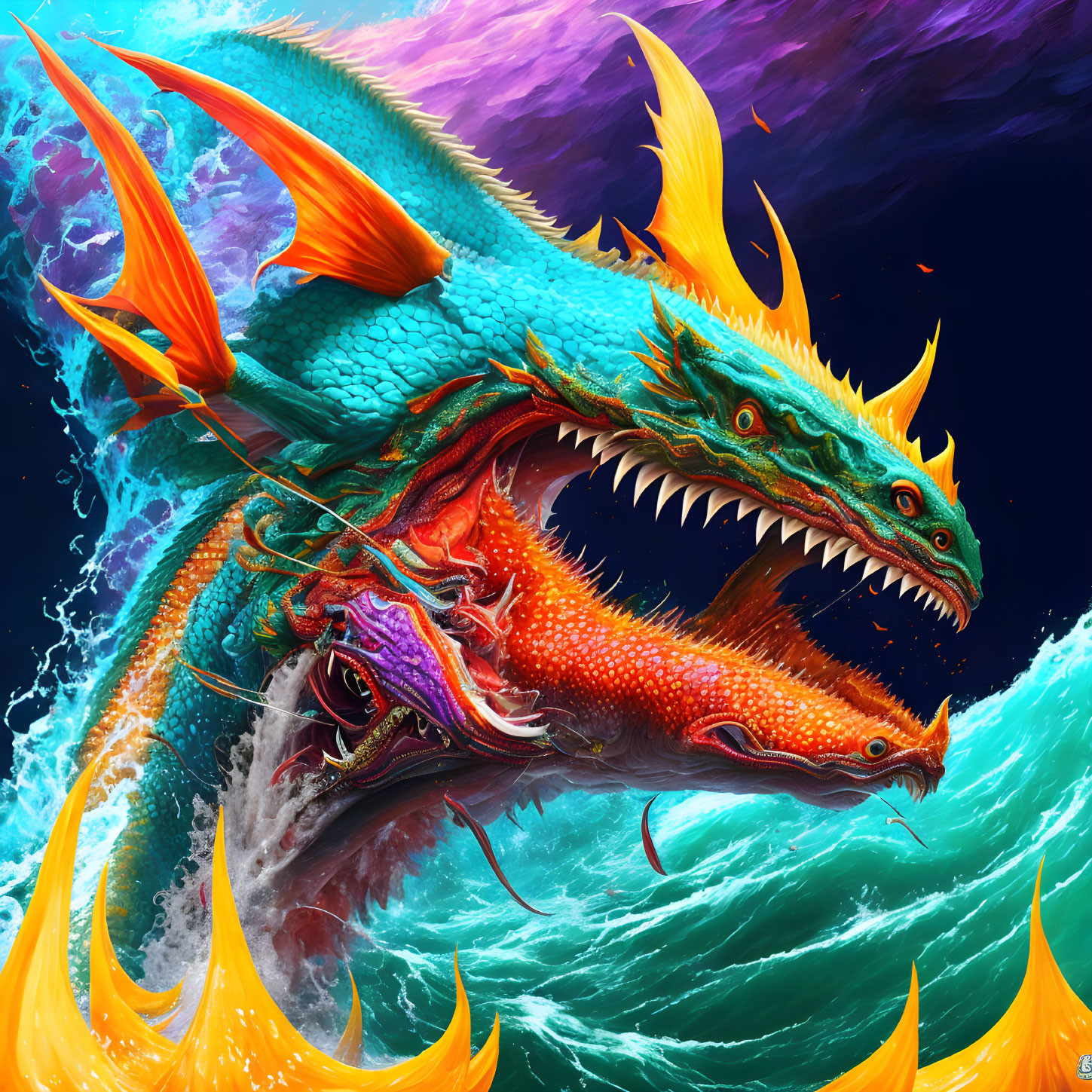 Colorful multi-headed dragon emerges from ocean waves in digital artwork