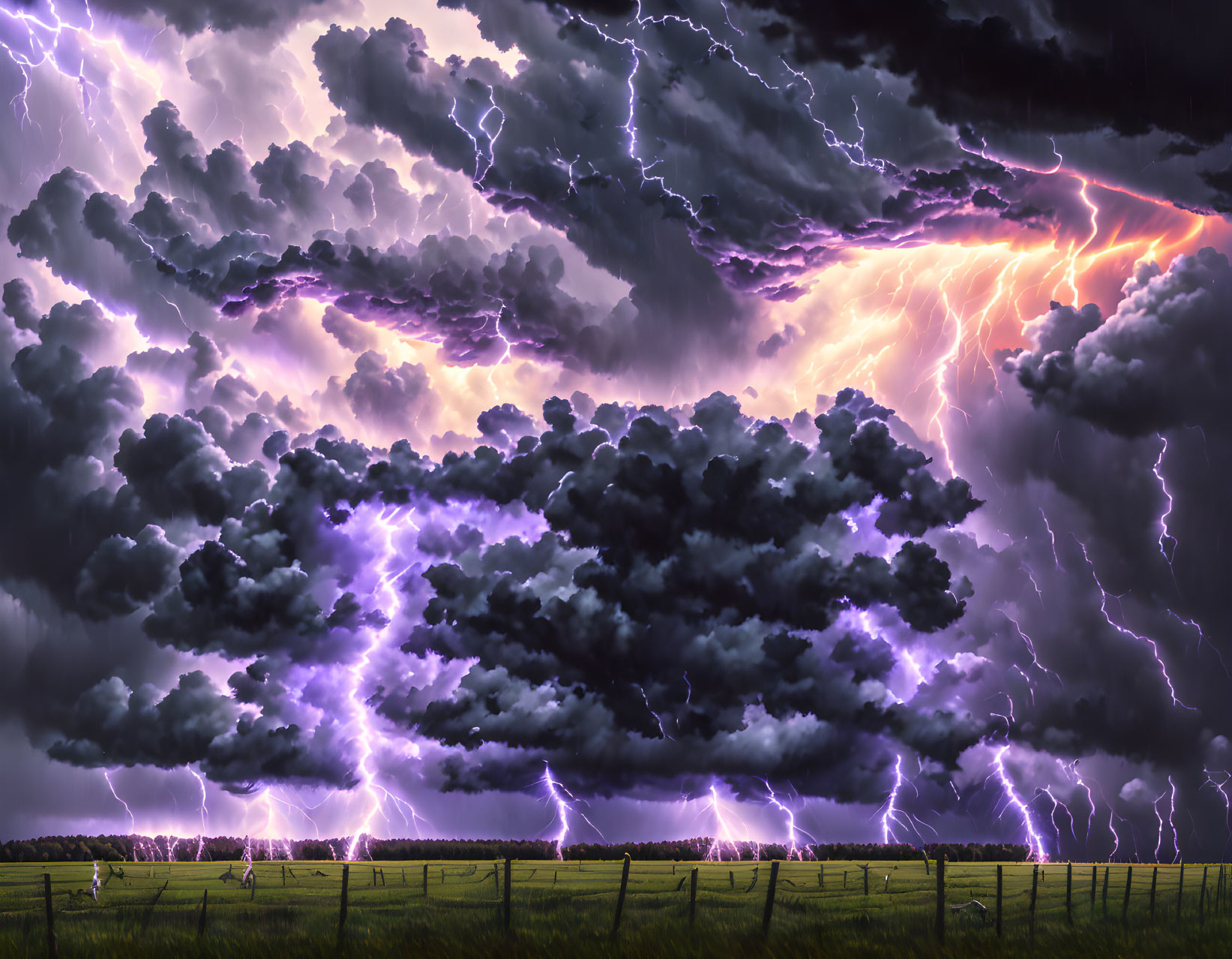 Dramatic thunderstorm with purple and pink lightning bolts over rural landscape