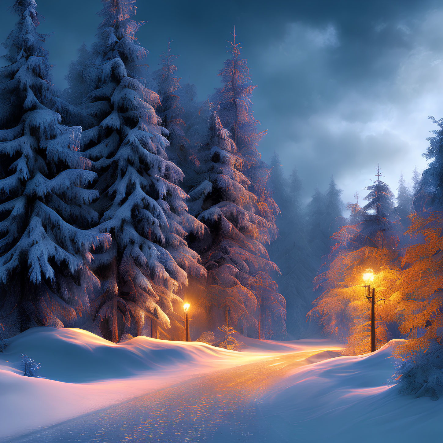 Winter Scene: Snow-covered pine trees along illuminated path at twilight