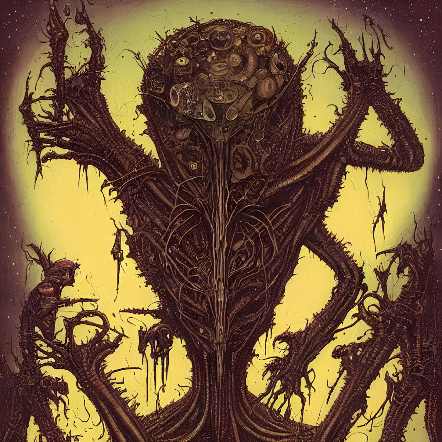 Surreal tree-like structure with humanoid figures and intricate patterns in warm sepia tones