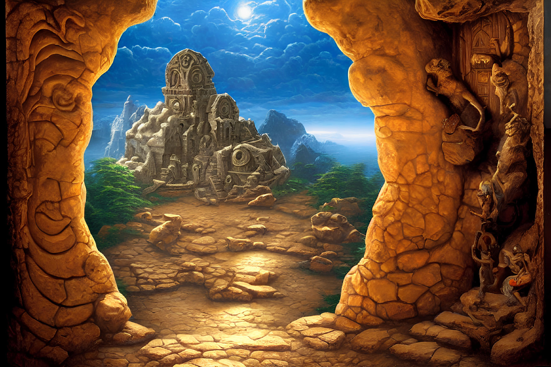 Mystical cave opening with ancient temple, moonlit mountains, and mysterious wall etchings