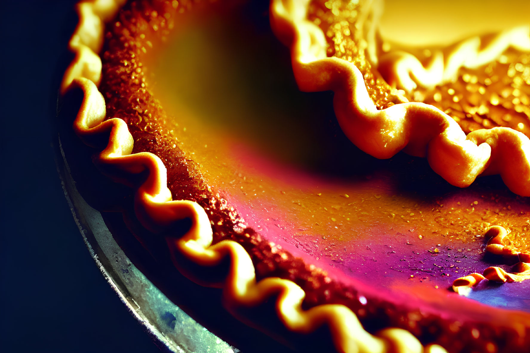 Colorful crimped crust pie with vibrant hues and textures