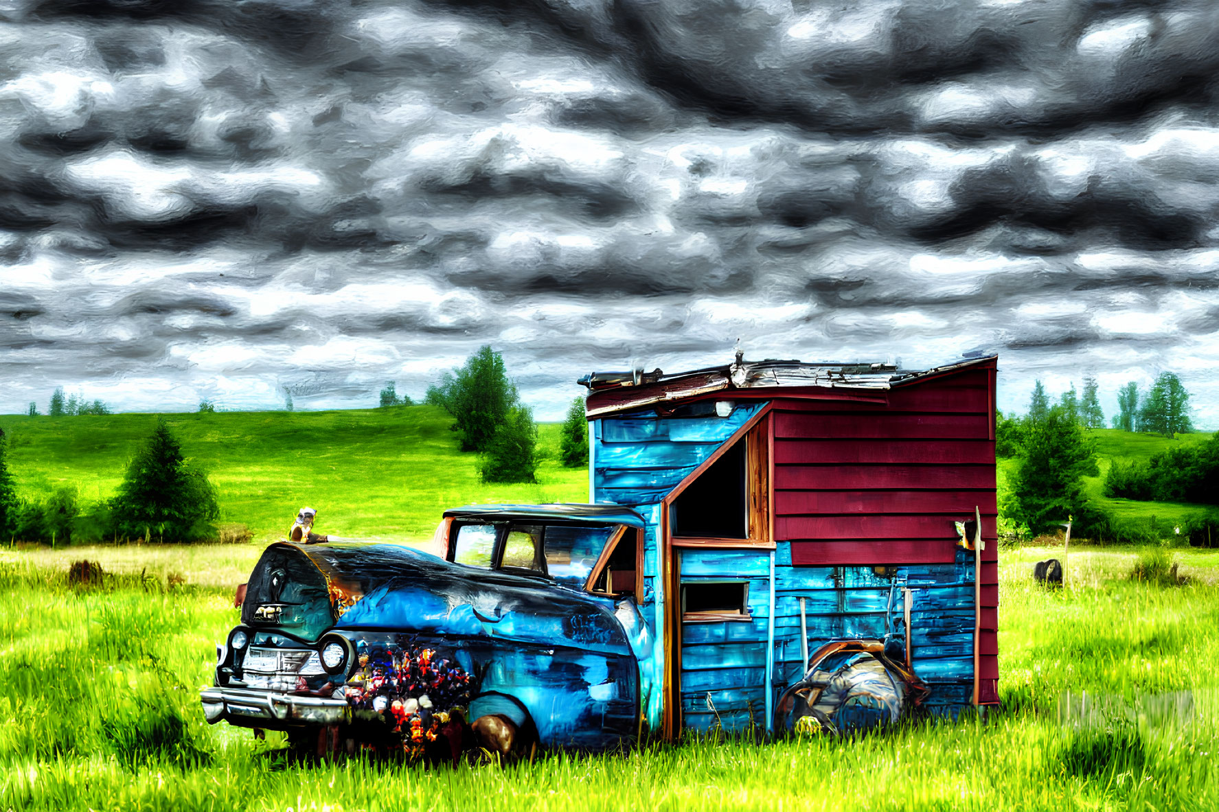 Vintage blue truck with flowers beside weathered shed under stormy sky