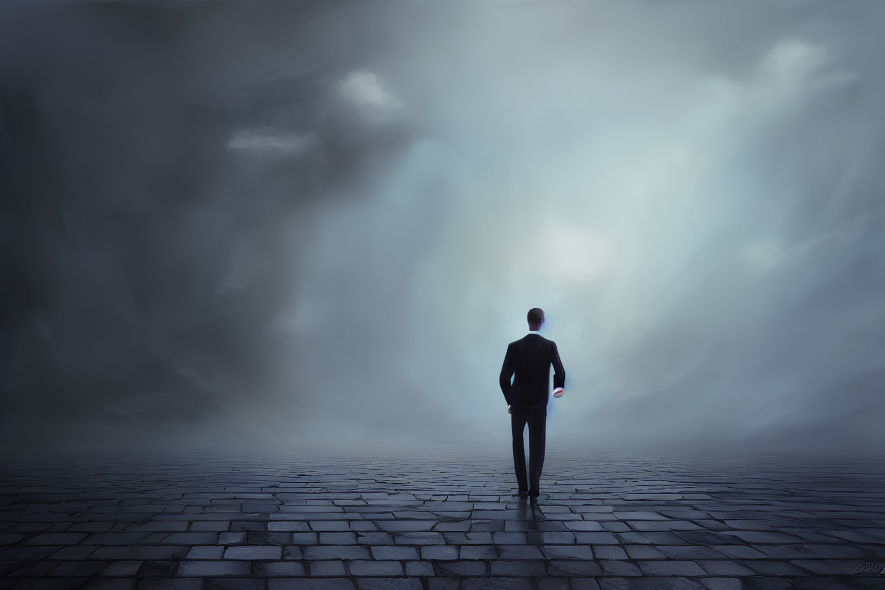 Individual in Suit Stands on Cobblestone Facing Misty Void