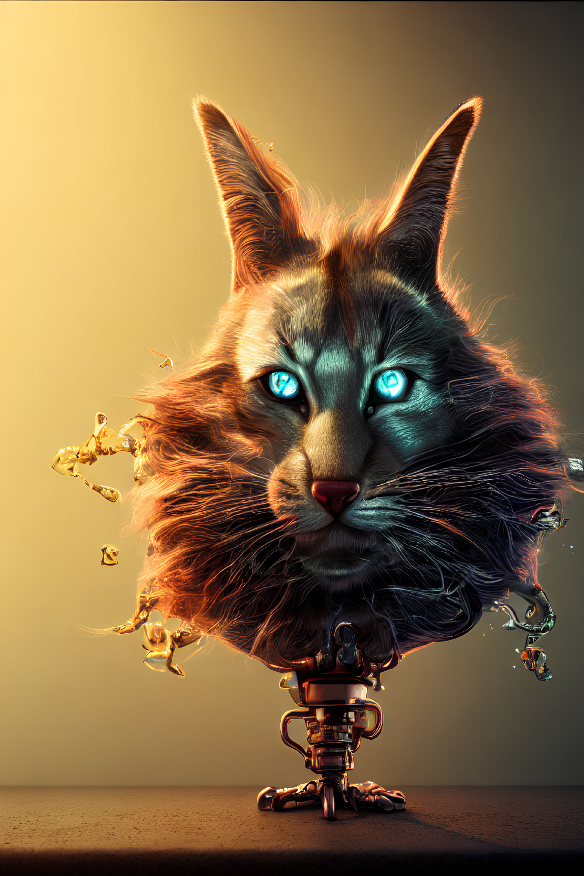 Surreal digital artwork: mechanical cat with blue eyes and golden bees