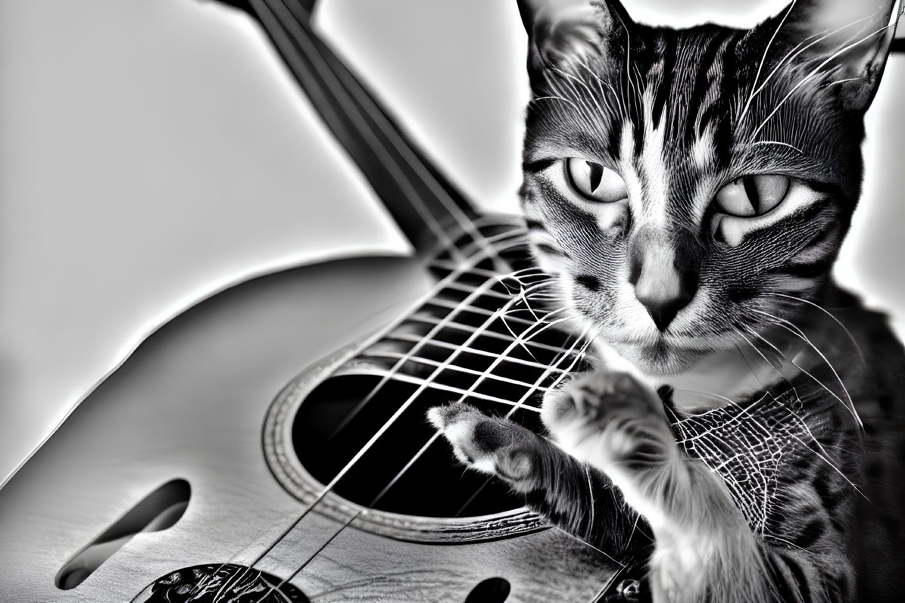 Monochrome cat with unique patterns beside an acoustic guitar