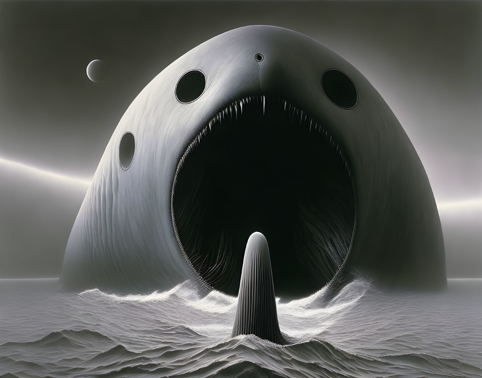 Surreal image of oversized whale and small boat against moonlit sky