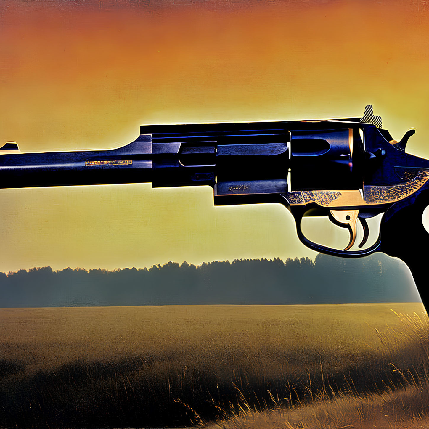 Stylized revolver with ornate details in golden field at dusk