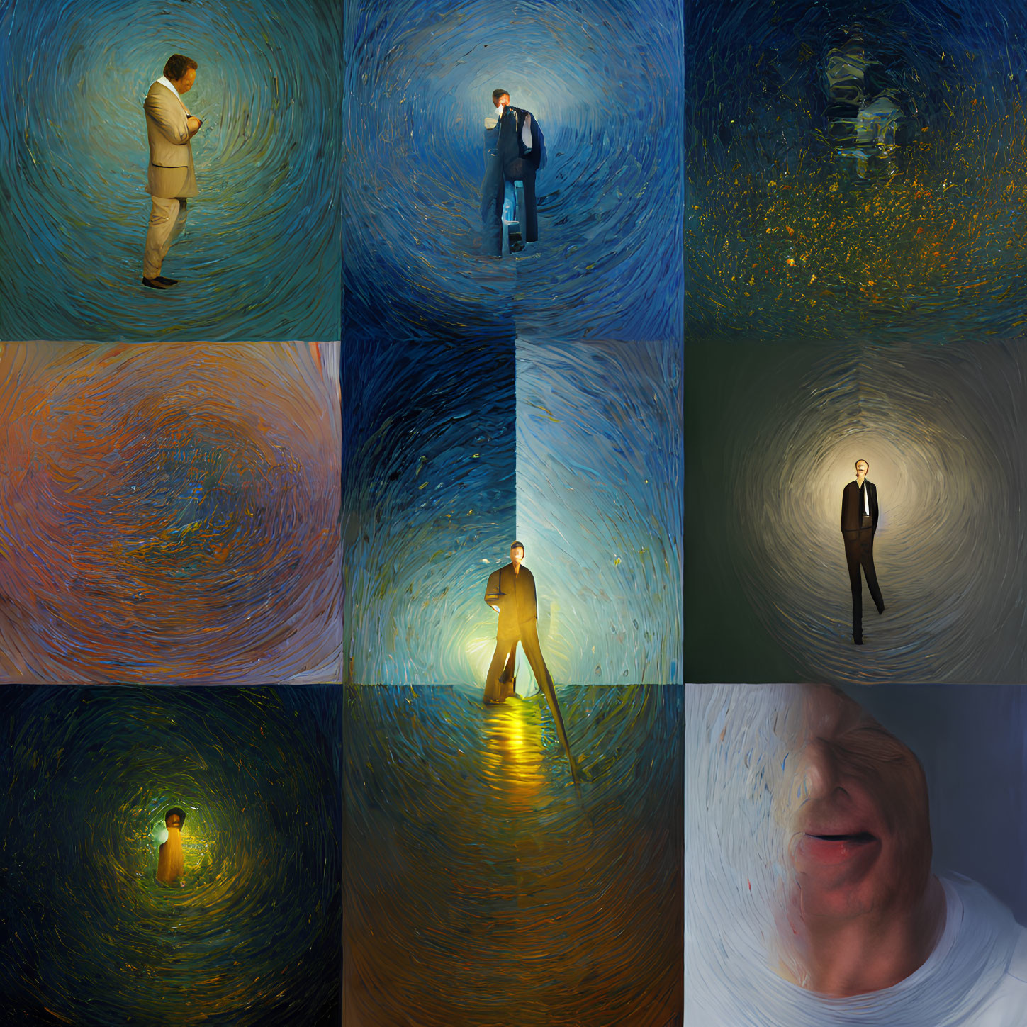 Nine square people portraits with Van Gogh-style brushstrokes.