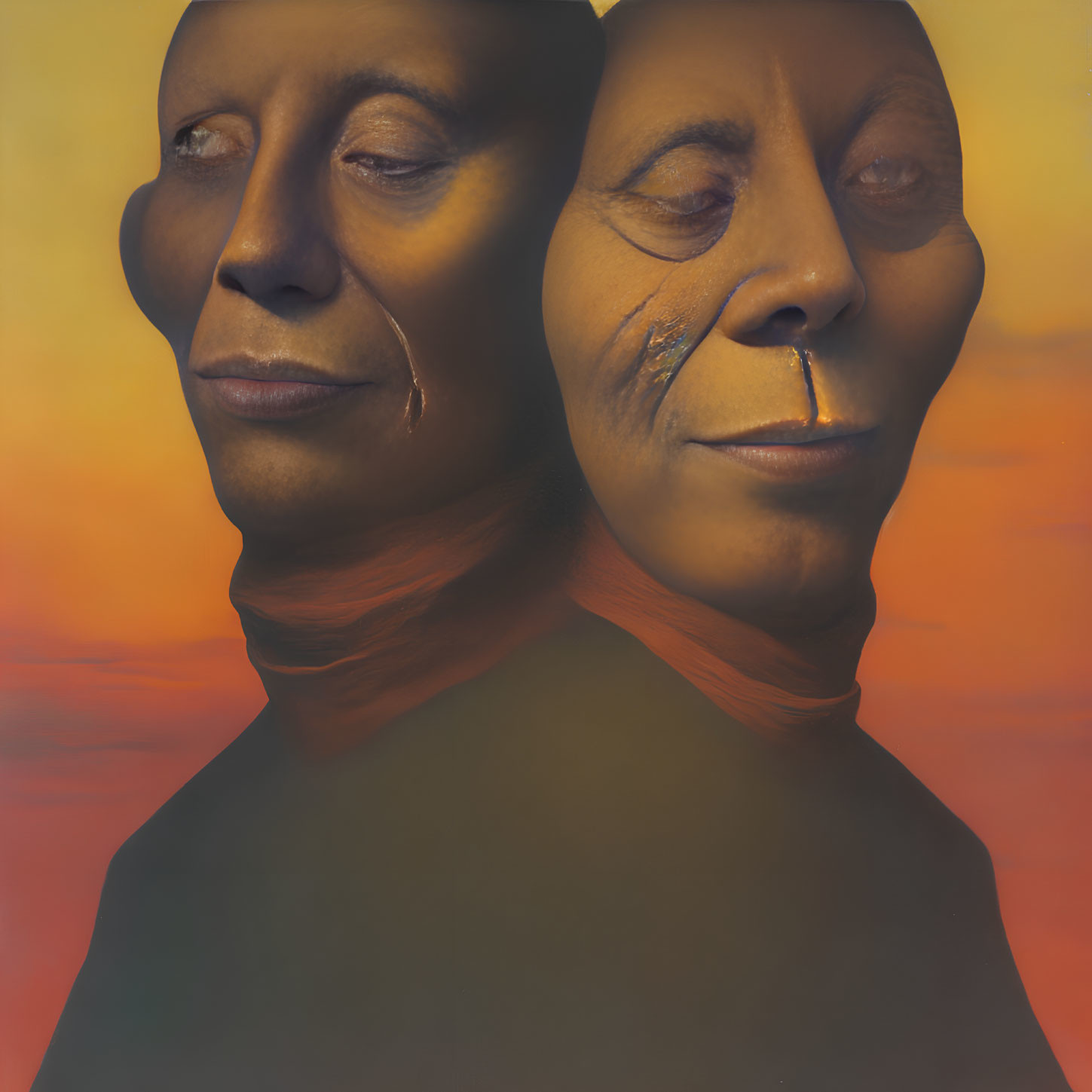 Overlapping faces at sunset with somber expressions