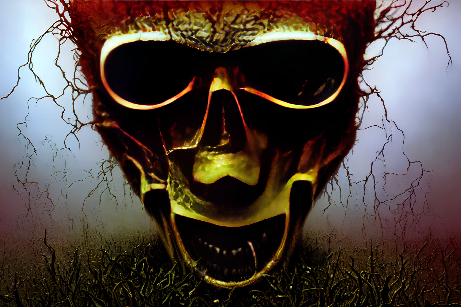 Menacing skull with glowing red eyes on eerie dark backdrop