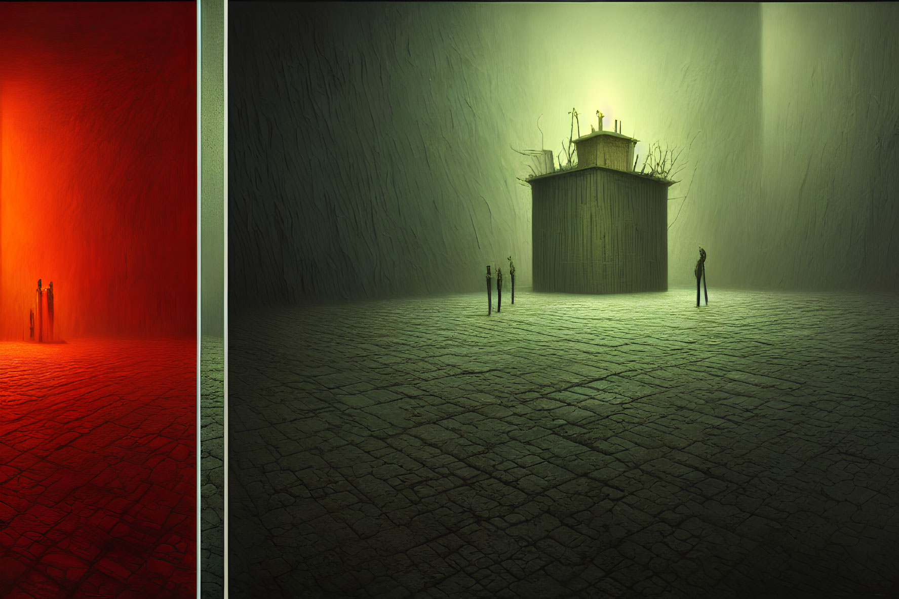 Surreal diptych with central structure and small figures in red and greenish hues