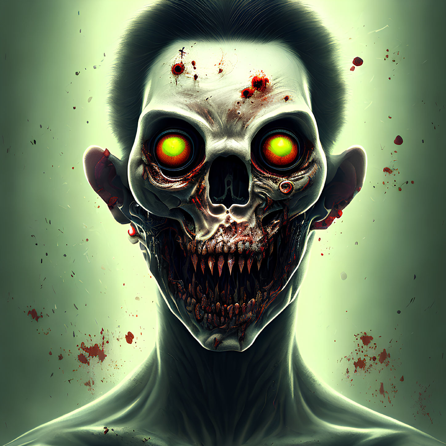 Zombie with Glowing Green Eyes and Blood Splatters on Green Background