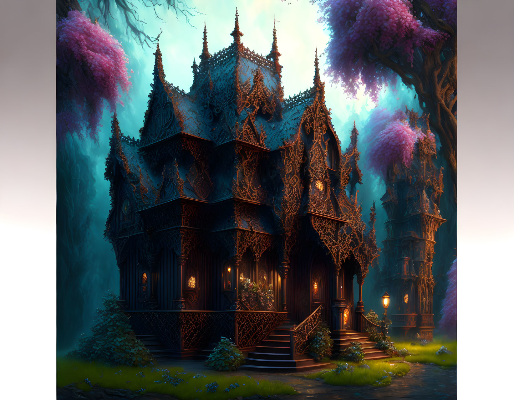 Detailed Gothic-style fantasy house in mystical forest at dusk