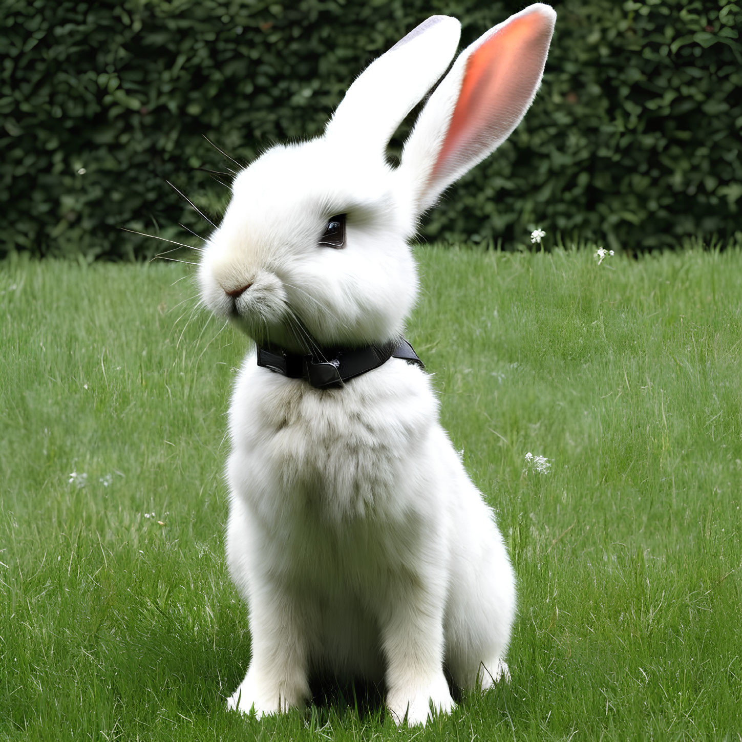 White Rabbit with Pink Ears in Black Harness on Green Grass