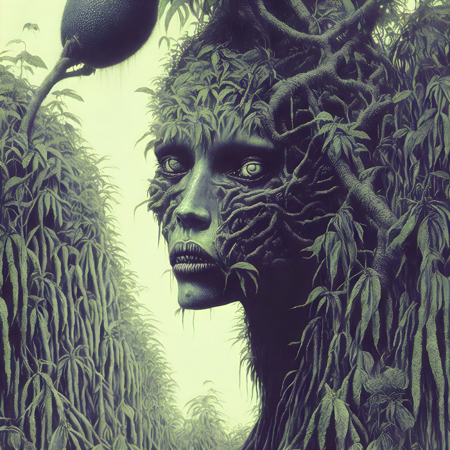 Person with tree bark skin and leaf entwined in fantasy image