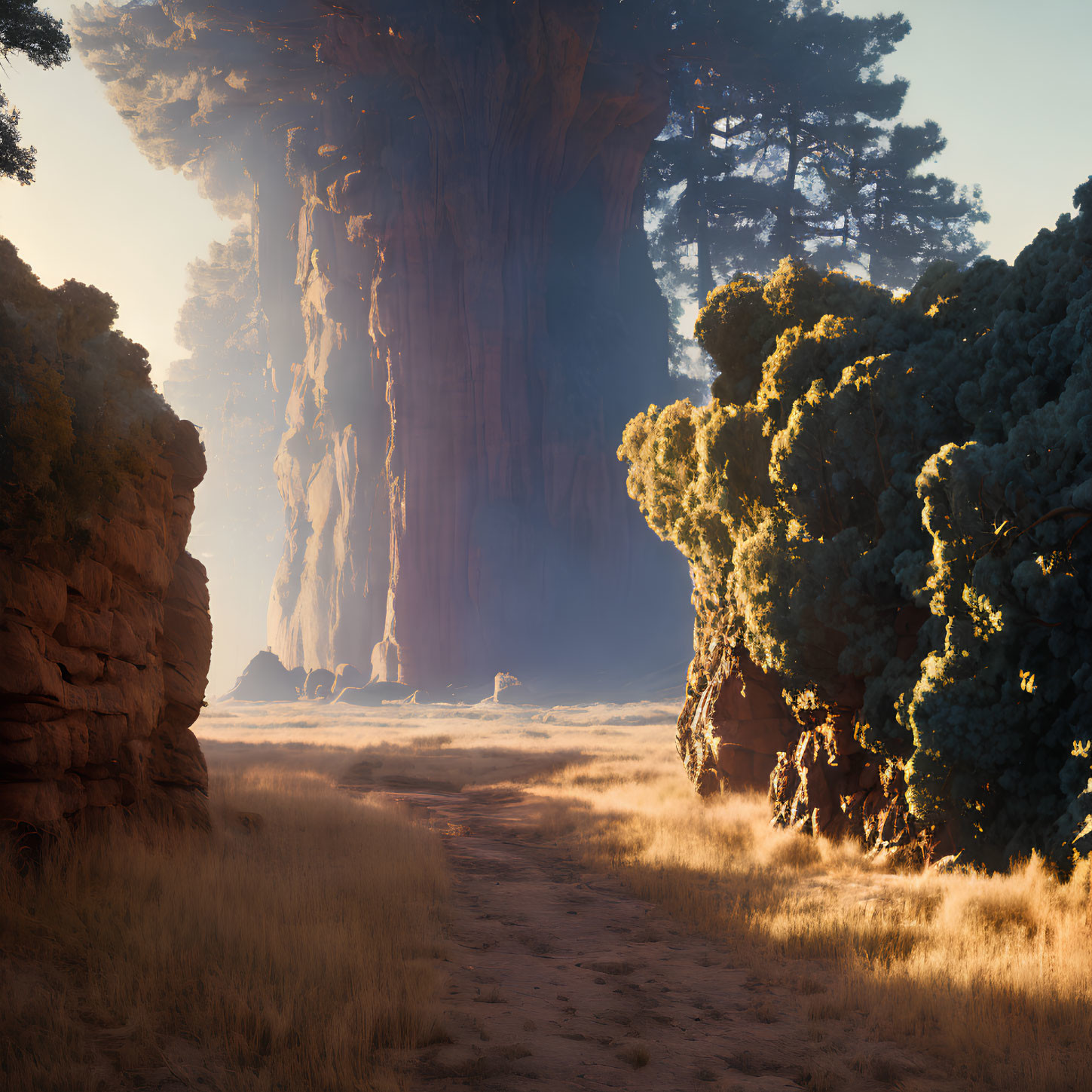 Tranquil landscape with towering tree and sunlit meadow