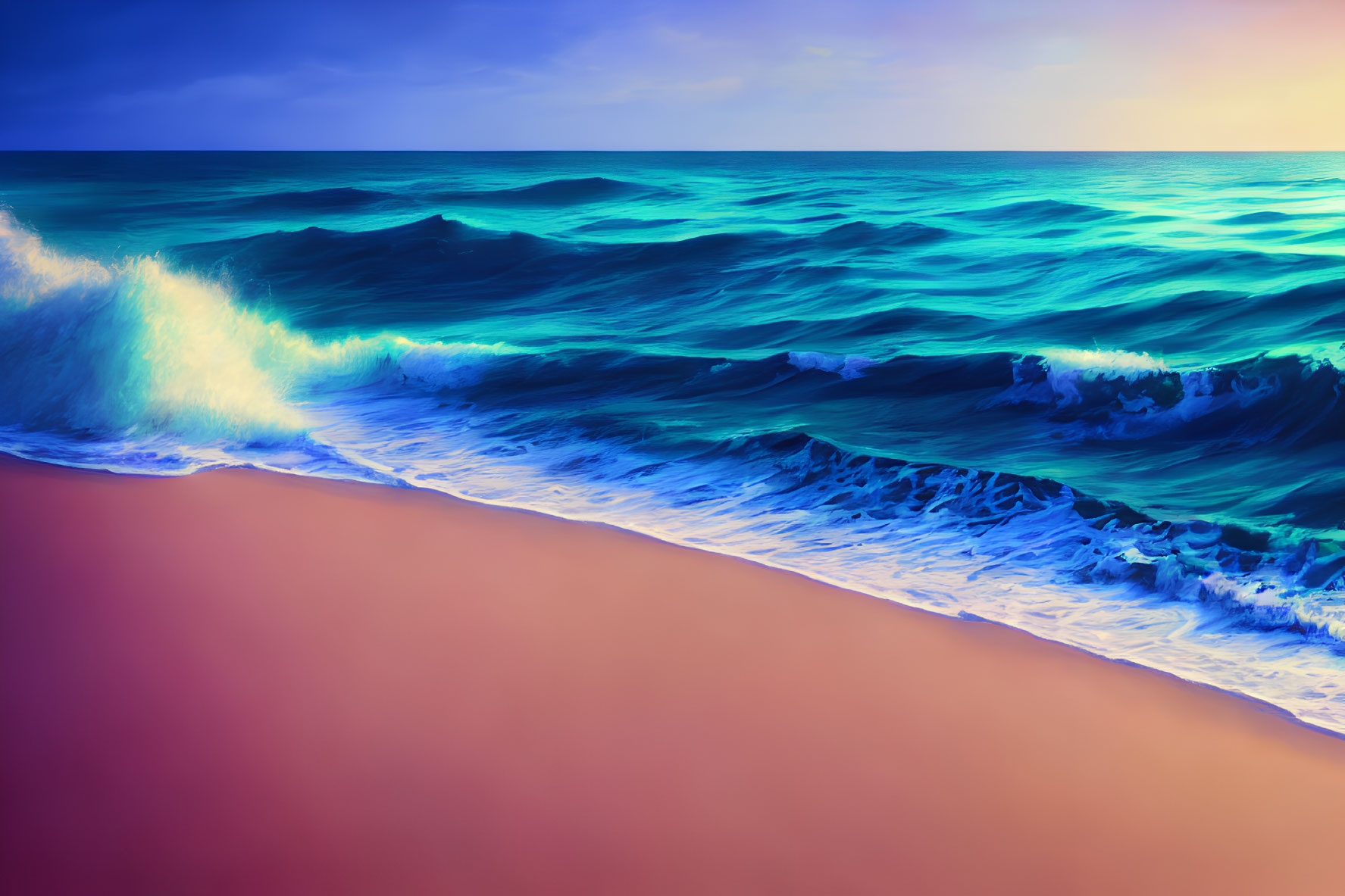 Colorful digital artwork: Beach scene with blue waves, red shore, sunset sky