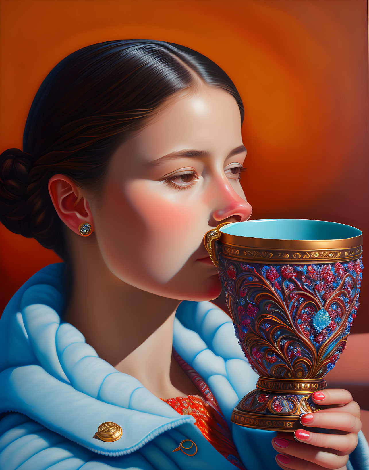 Woman in Blue Scarf sips from Ornate Chalice on Orange Background