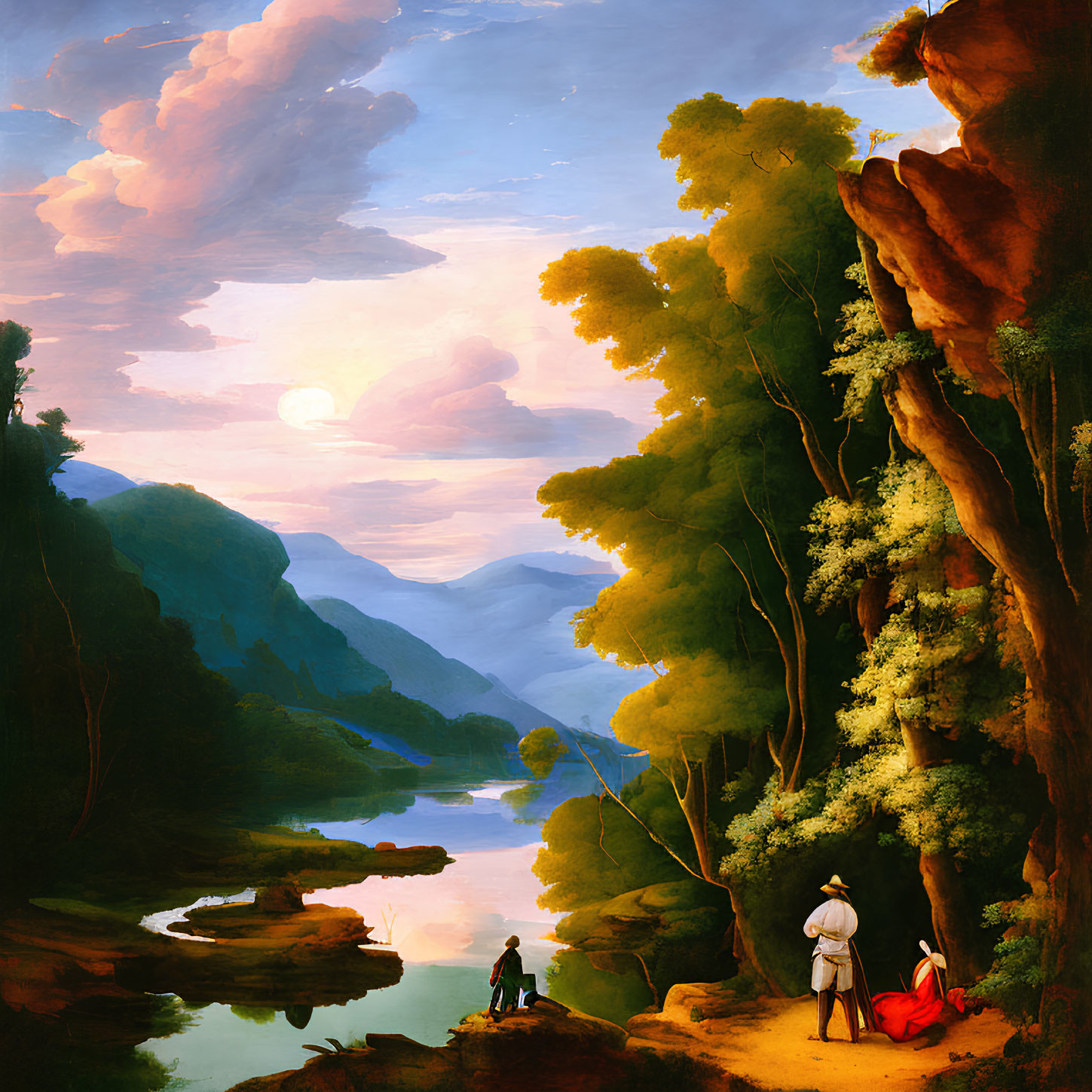 Scenic sunset view of figures by river in forested valley