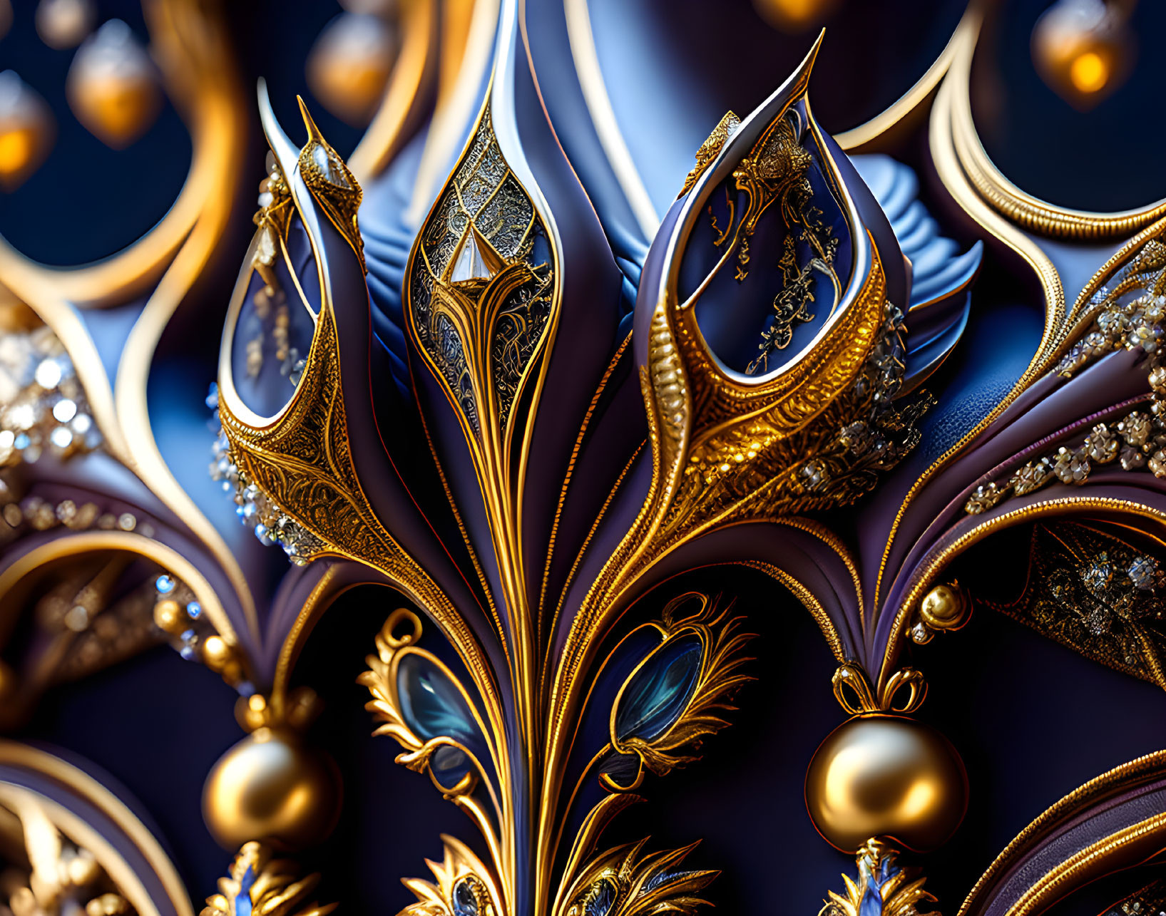 Golden ornate patterns on deep blue background: Luxurious digital art piece