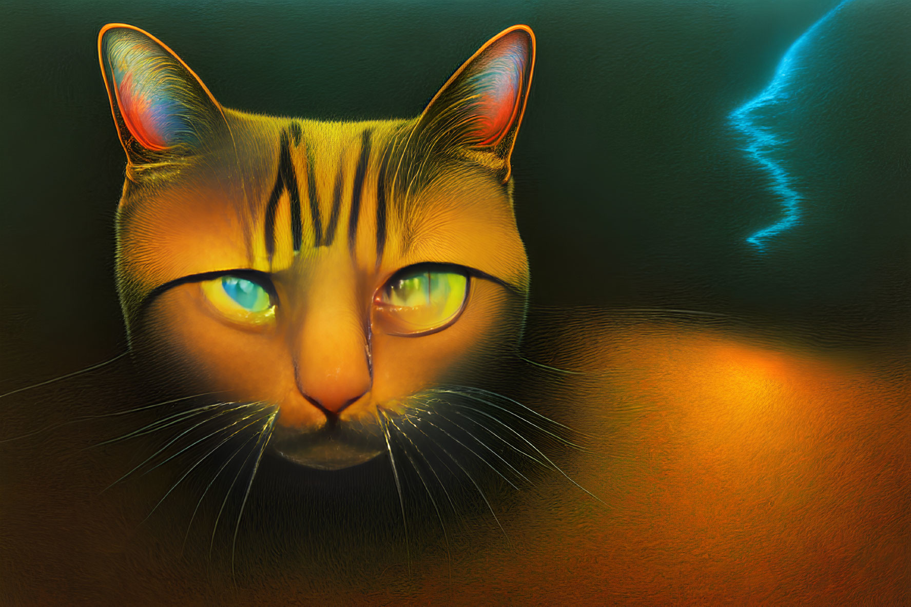 Digital Artwork: Cat with Glowing Green Eyes and Tiger-like Stripes on Abstract Orange Background