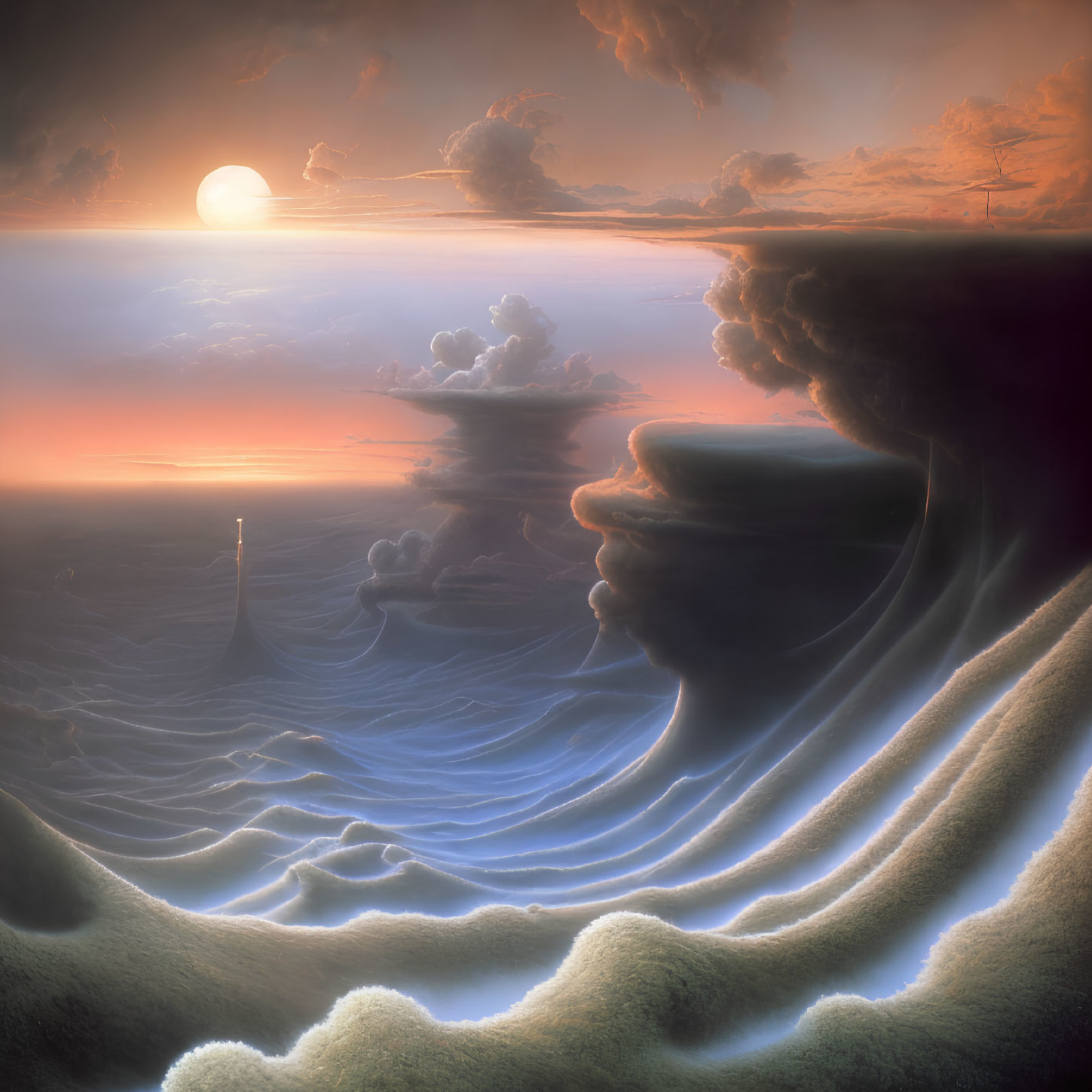 Surreal landscape with towering cloud formation and glowing sunrise