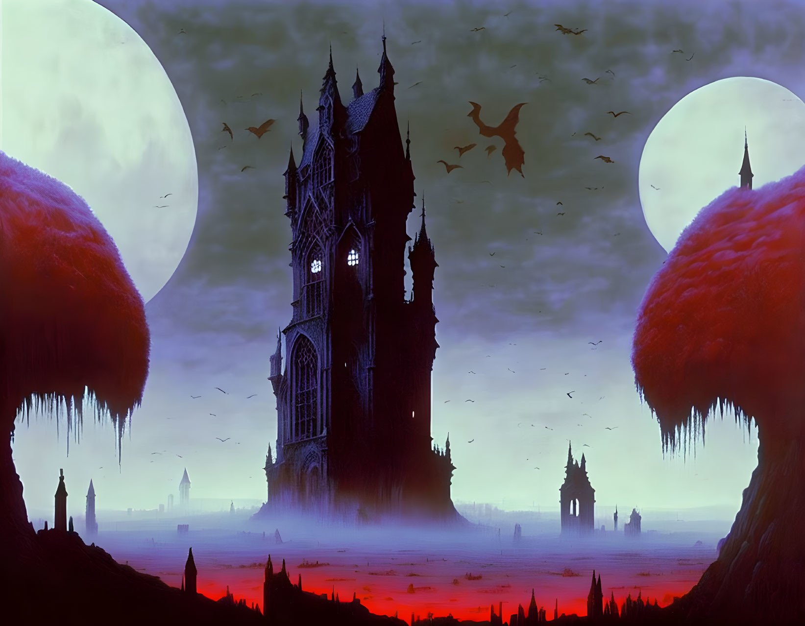 Gothic castle in crimson landscape with twin moons and flying creatures