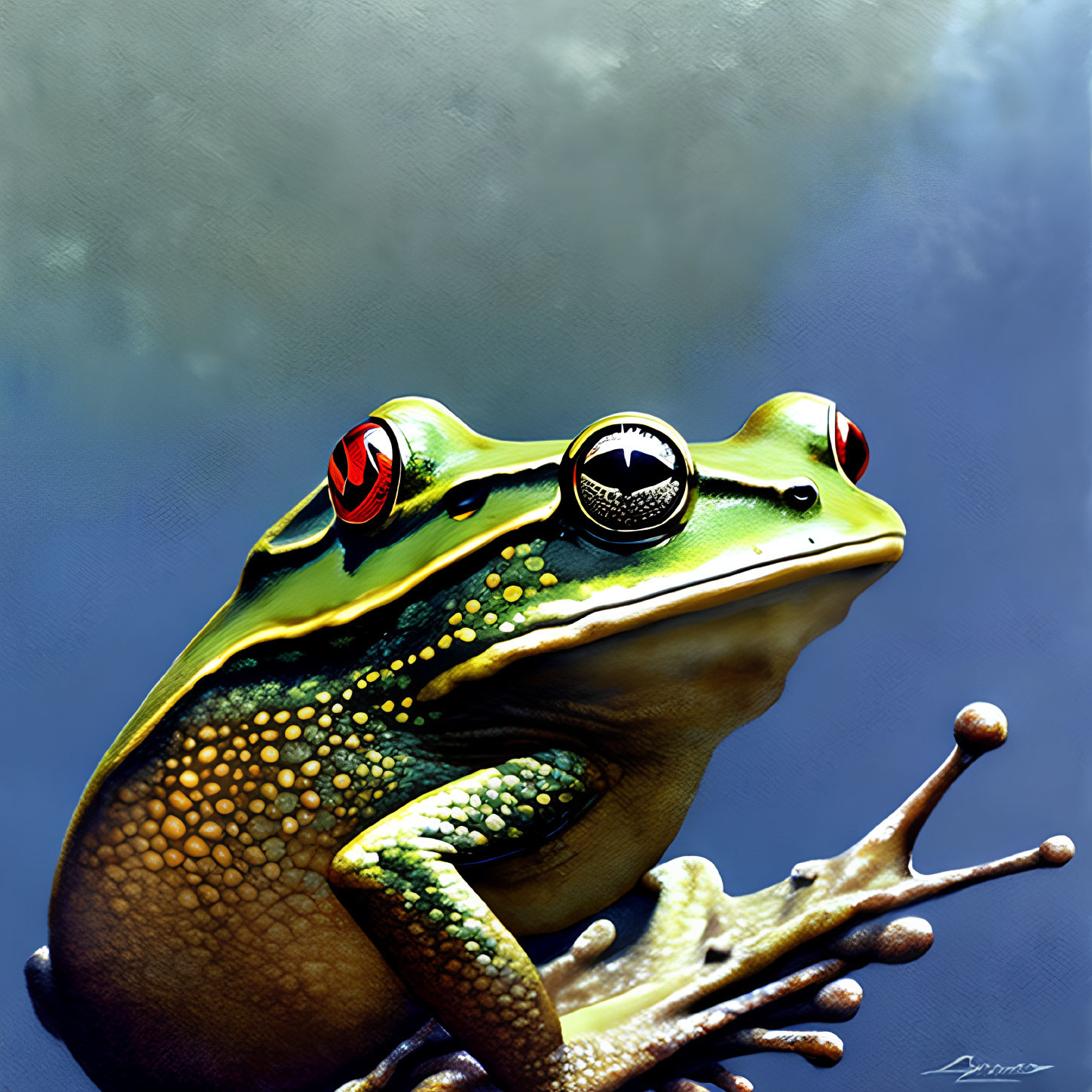 Colorful Frog Illustration with Comic-Style Eyes and Red-Eyed Tree Frog-Like Mark