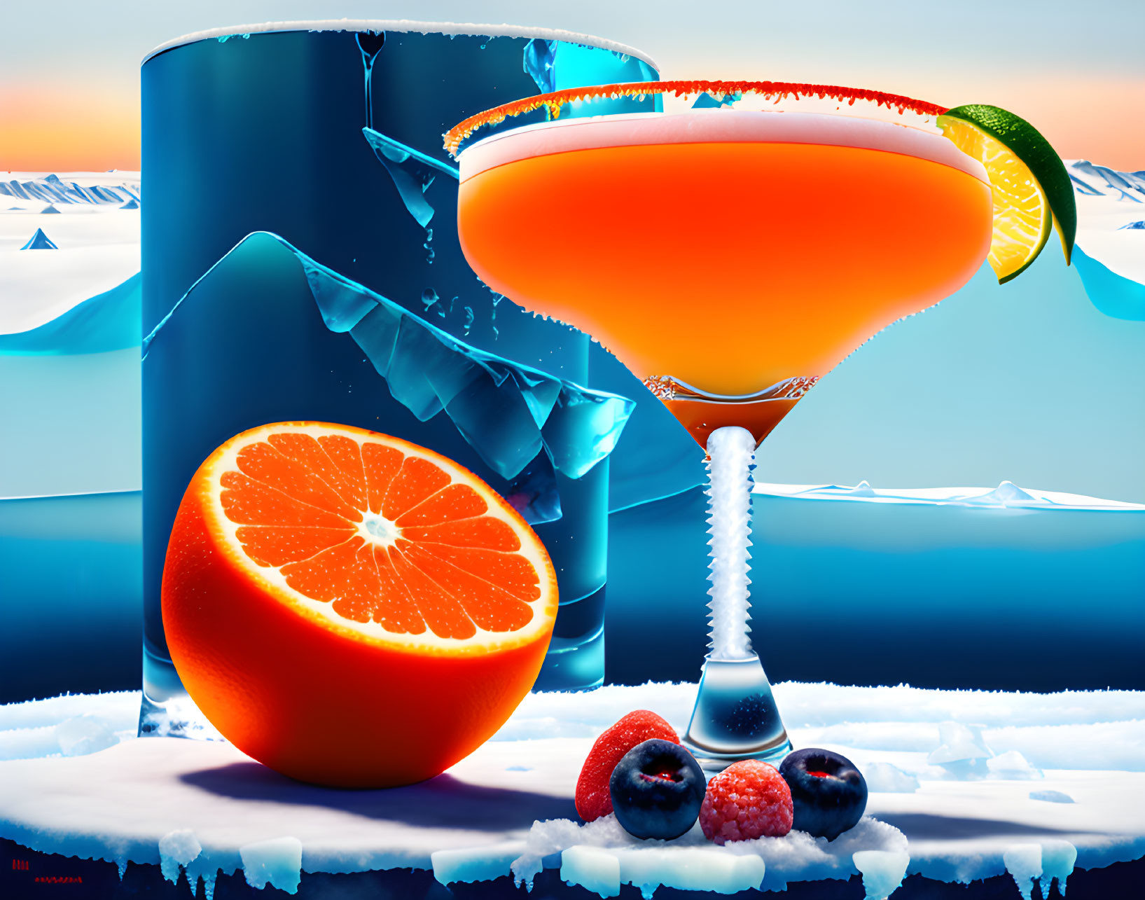 Tropical cocktail with lime slice next to icy landscape and orange half