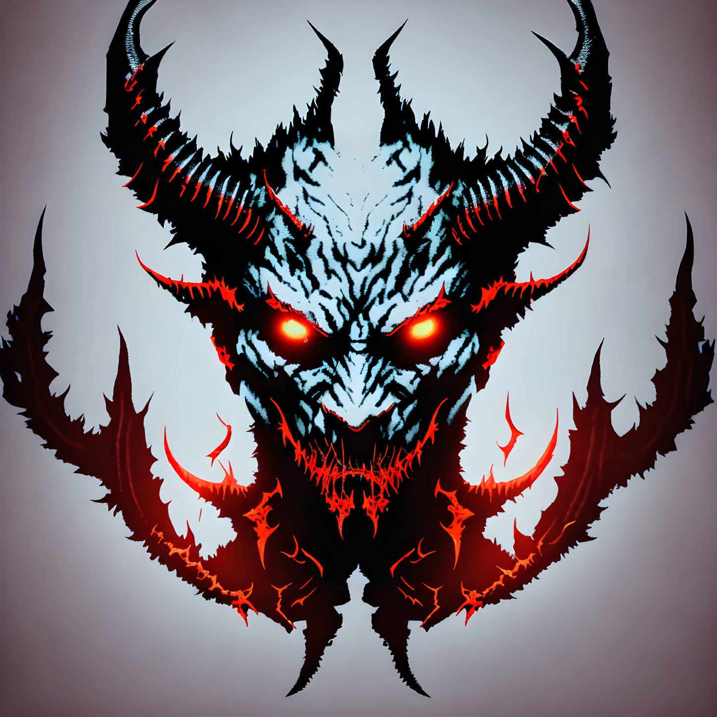 Symmetrical demonic figure with glowing red eyes and extended claws on gradient background