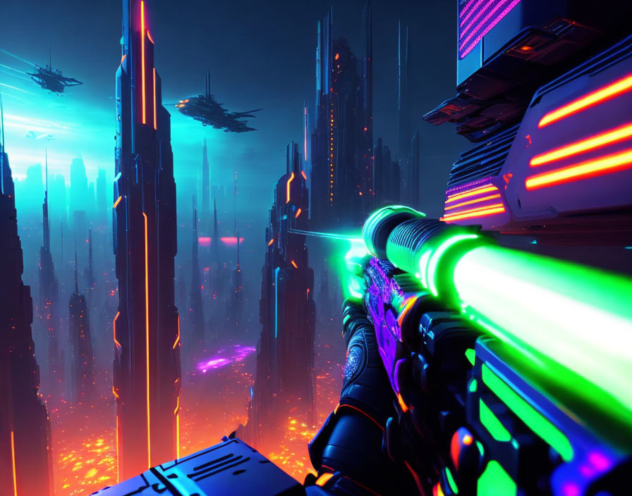 Futuristic cityscape with neon lights and flying vehicles