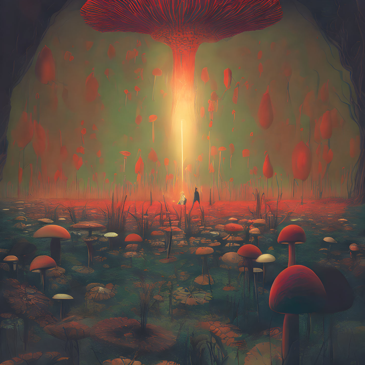 Person in surreal forest with giant glowing mushroom & eerie light