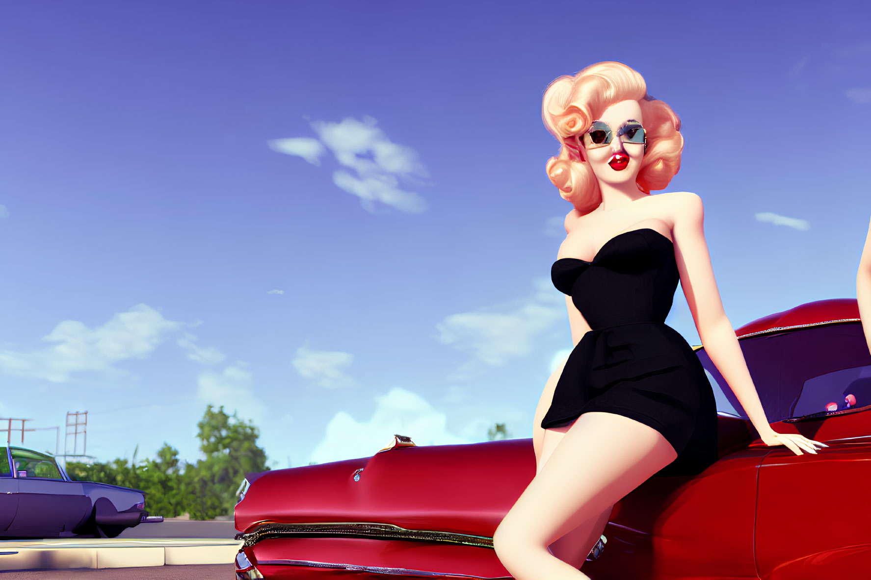 Blonde woman in sunglasses on vintage car under blue sky