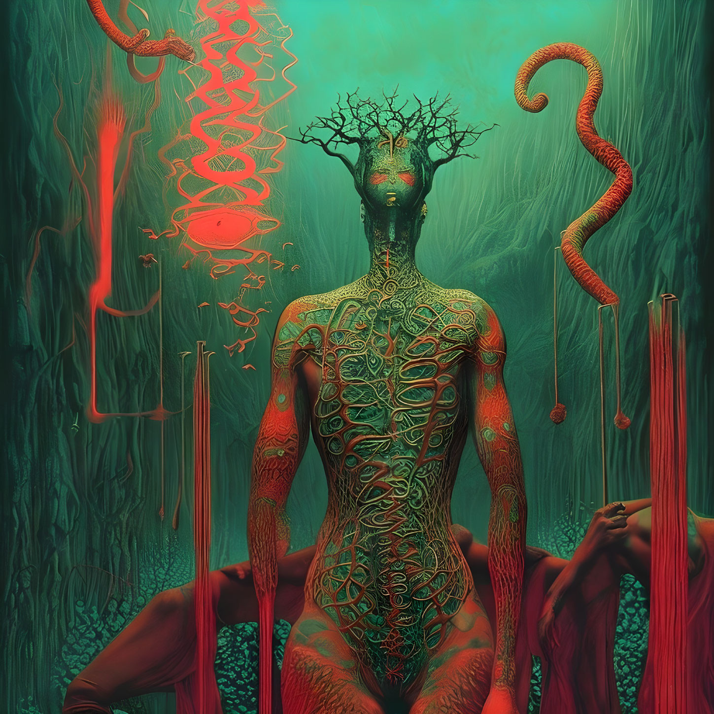 Surreal fantasy artwork: humanoid figure with tree-like head, intricate patterns, abstract elements, and