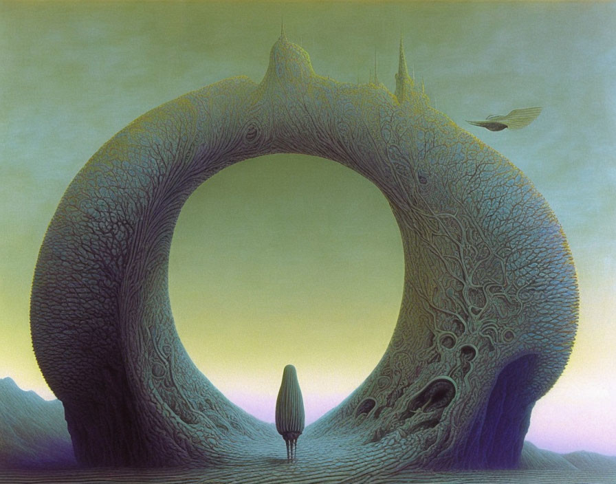 Surreal landscape with massive ring structure, bird, figure, and spire-like peaks