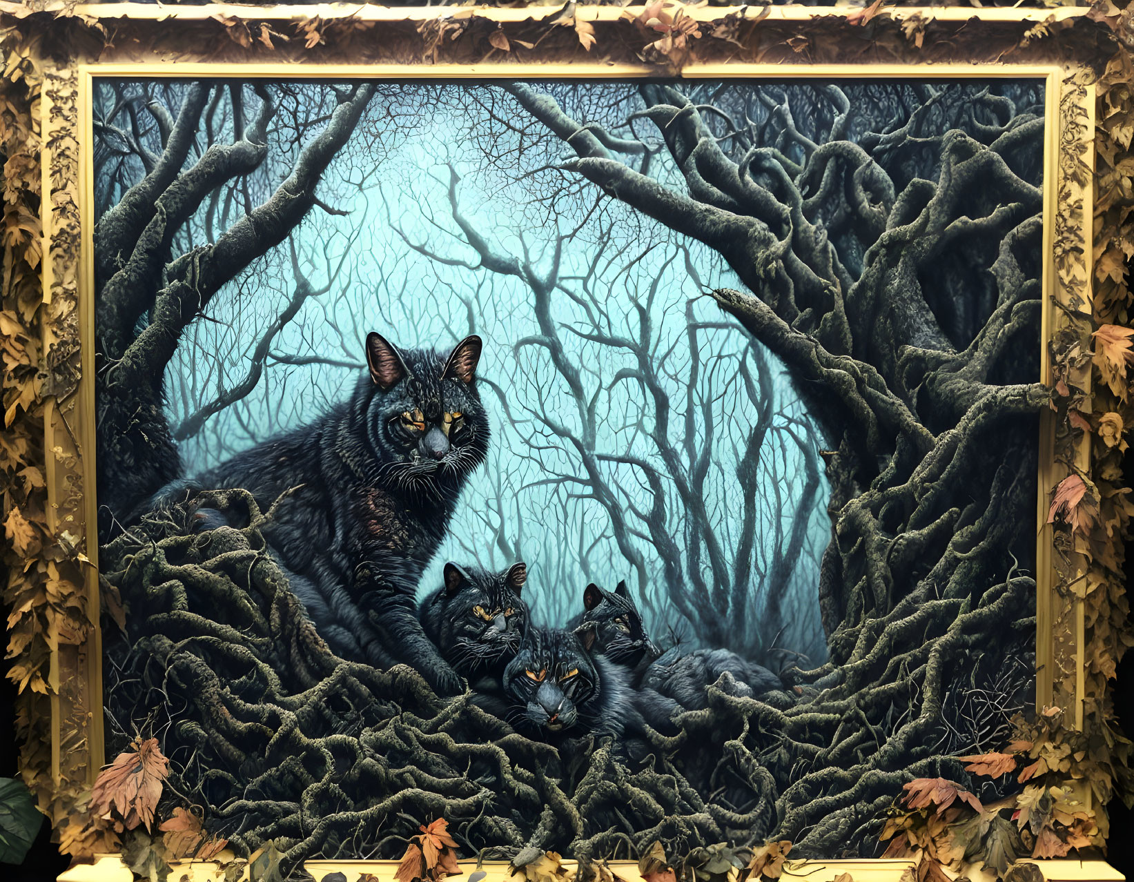 Three Black Cats Painting Among Tree Roots and Autumn Leaves