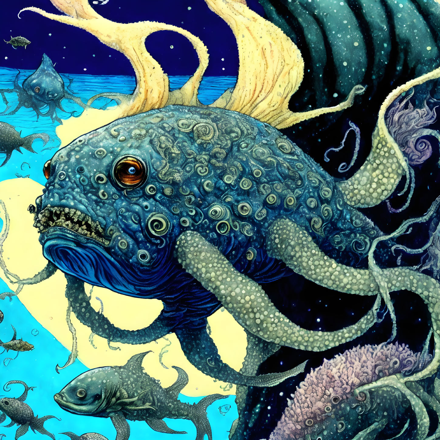 Colorful Surreal Illustration of Mythical Sea Creature with Tentacles in Underwater Scene