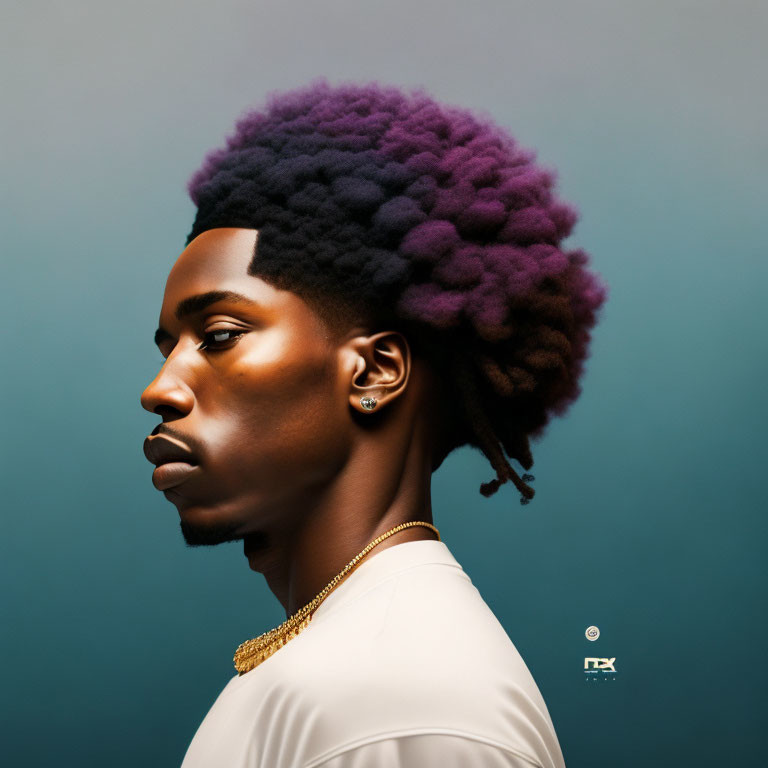 Portrait of Person with Purple Afro Hairstyle and Gold Chain on Teal Background