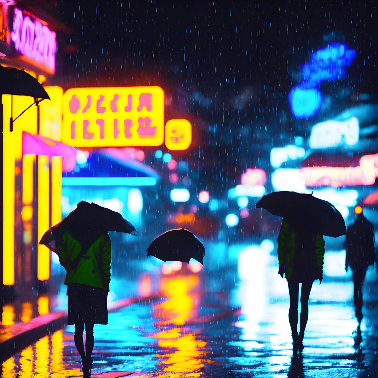 Night city street scene with three people holding umbrellas in the rain