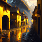 European Medieval Village Street at Sunset with Cobblestone Paths and Snow-Capped Mountains