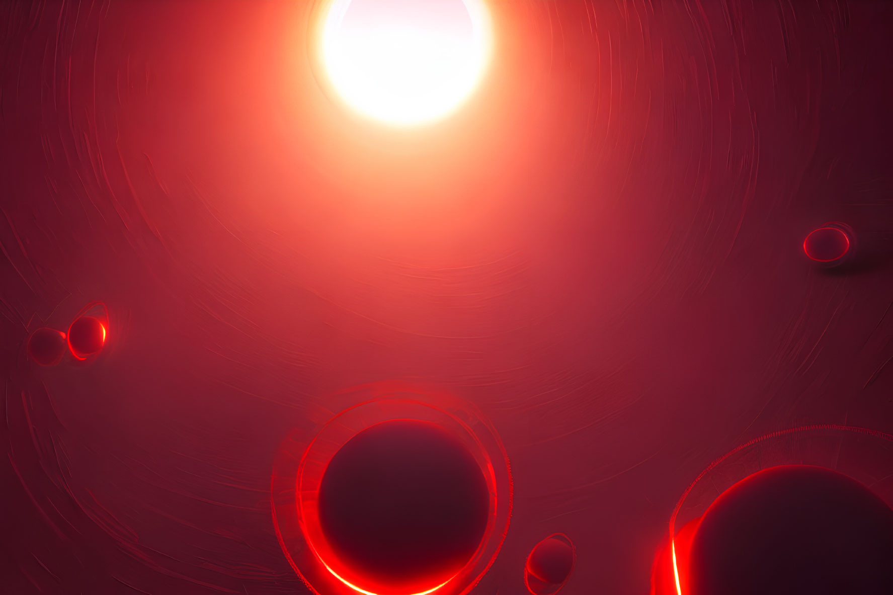 Vivid scarlet background with bright red sun and lens flare.