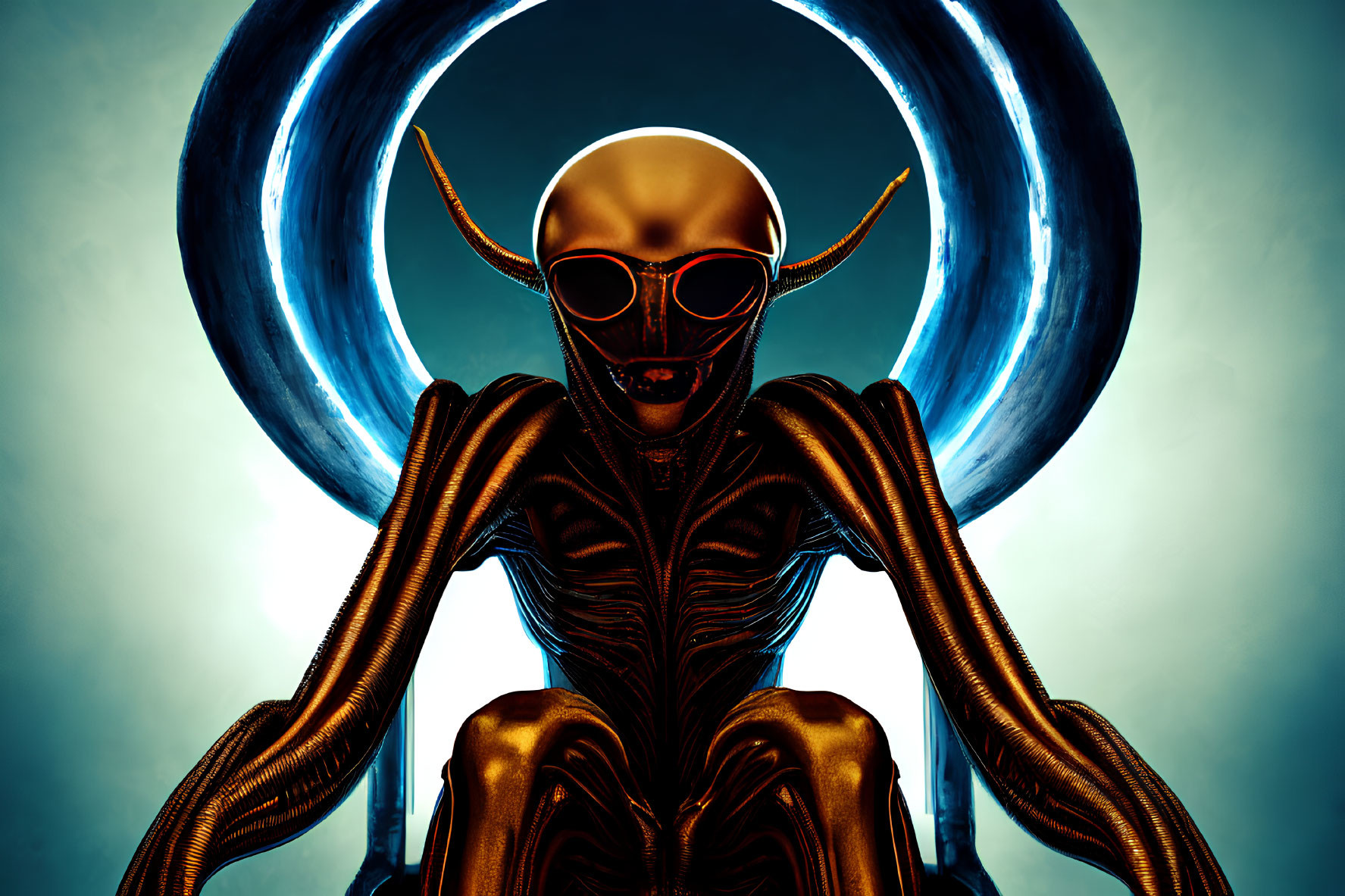 Golden sunglasses, horned alien with glowing ring background