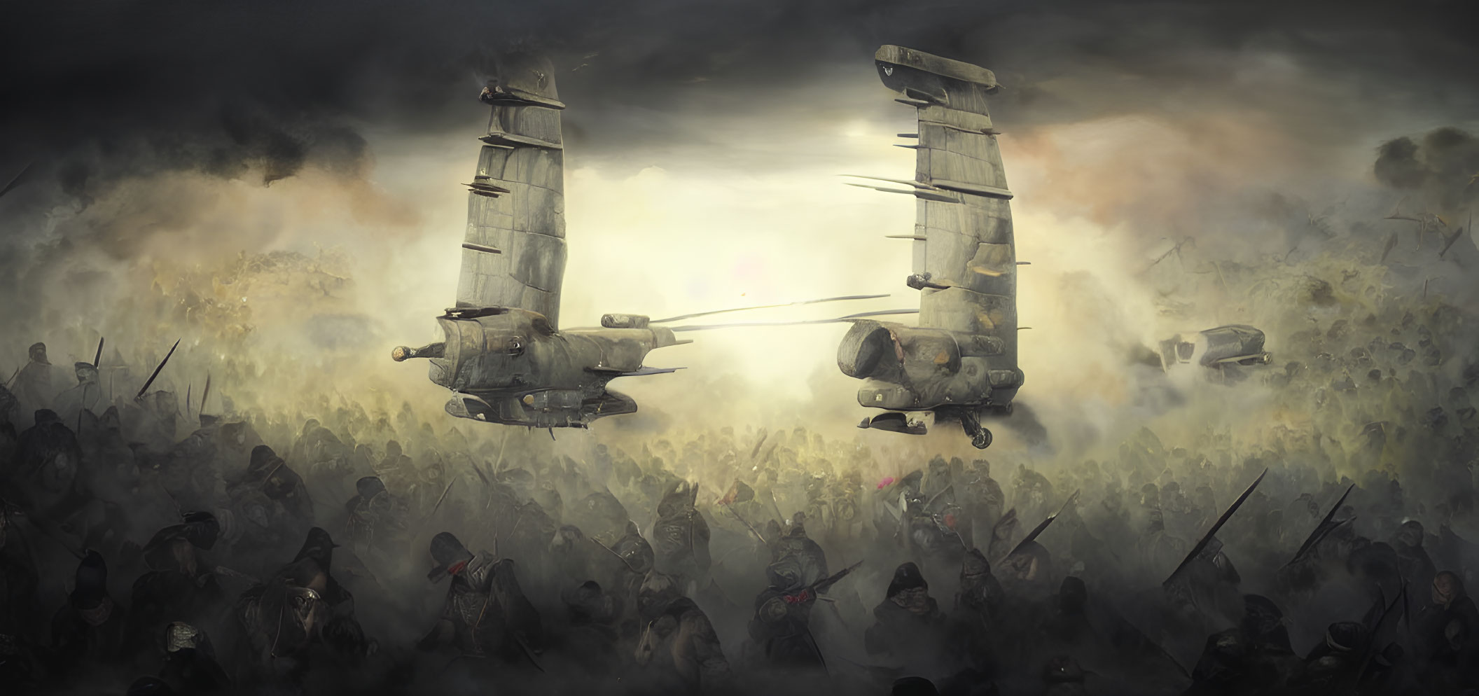 Futuristic airships hover over chaotic battlefield with soldiers in armor