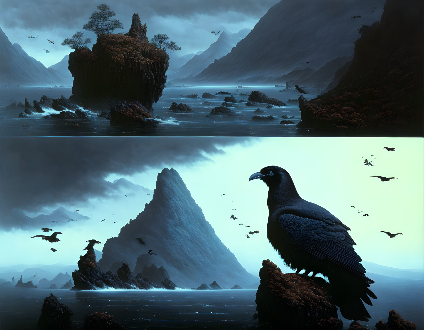 Split-screen image: Misty mountainous seascape with flying birds and close-up of perched r