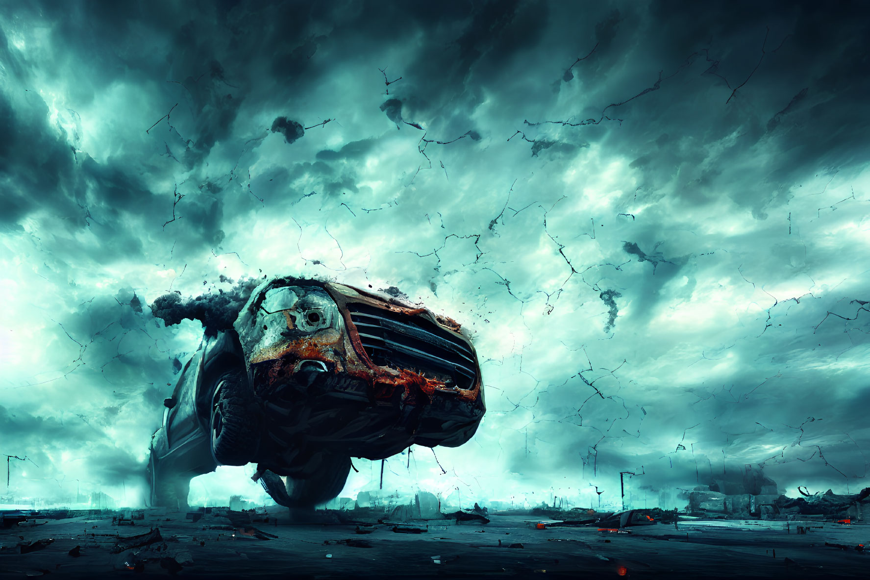 Levitating wrecked car in stormy post-apocalyptic landscape