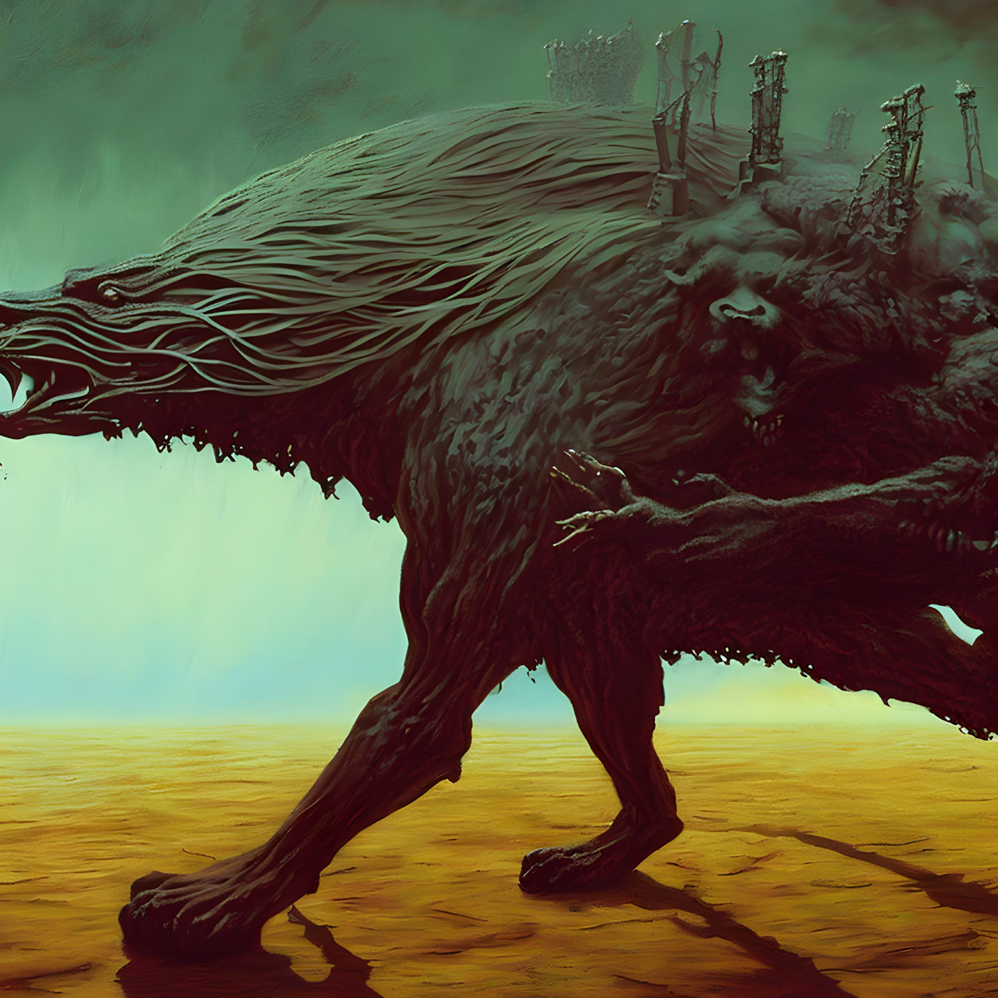 Monstrous Wolf-Like Creature with Multiple Faces and Towers in Dark Shaggy Coat