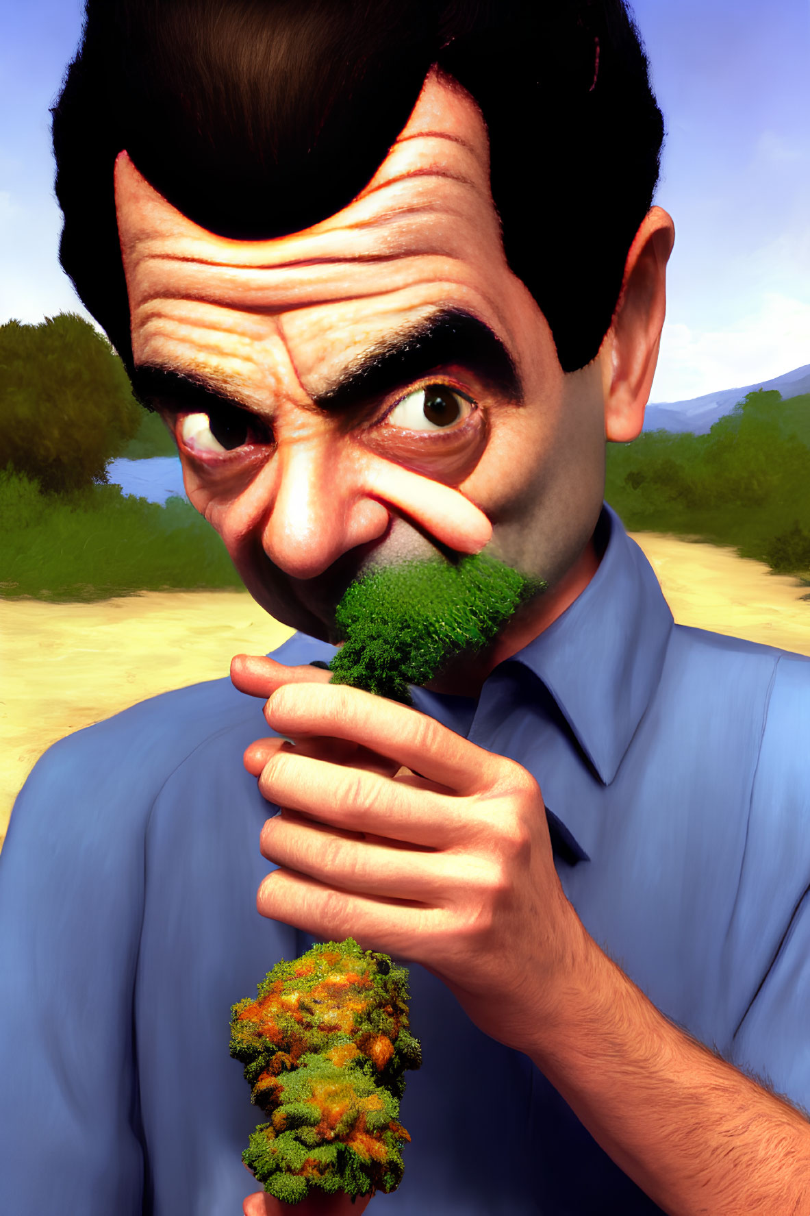 Exaggerated man caricature with large nose and tree nostril against outdoor backdrop