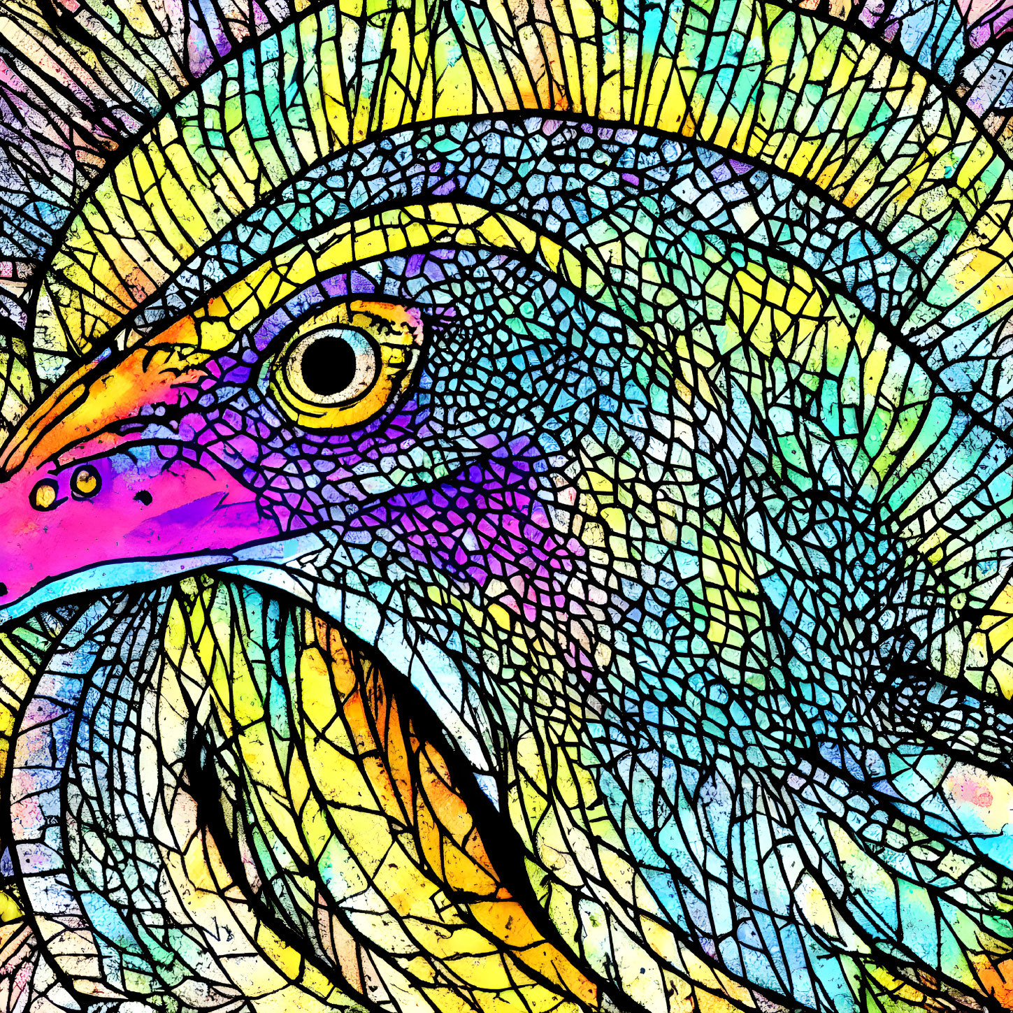 Vibrant bird illustration with detailed line work in yellow, blue, and purple