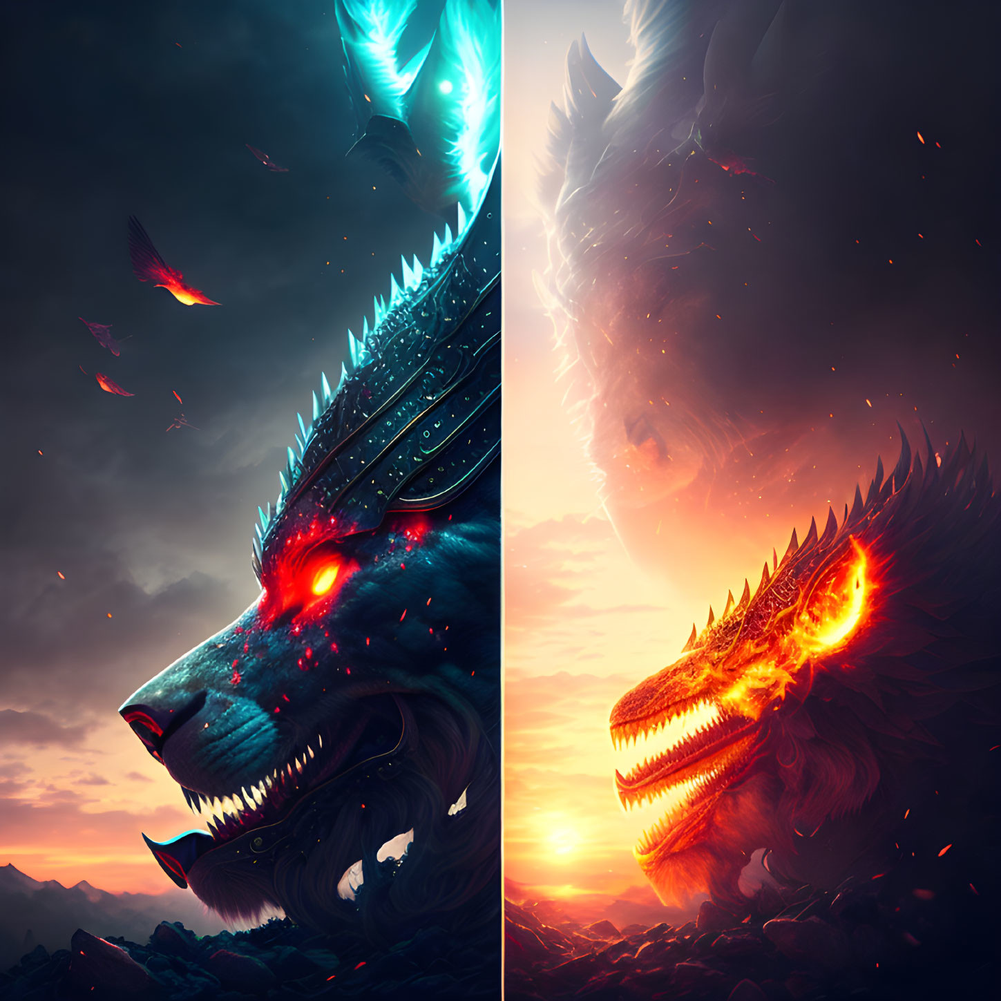 Split Blue and Red Glowing Dragon Head in Twilight Fantasy Landscape